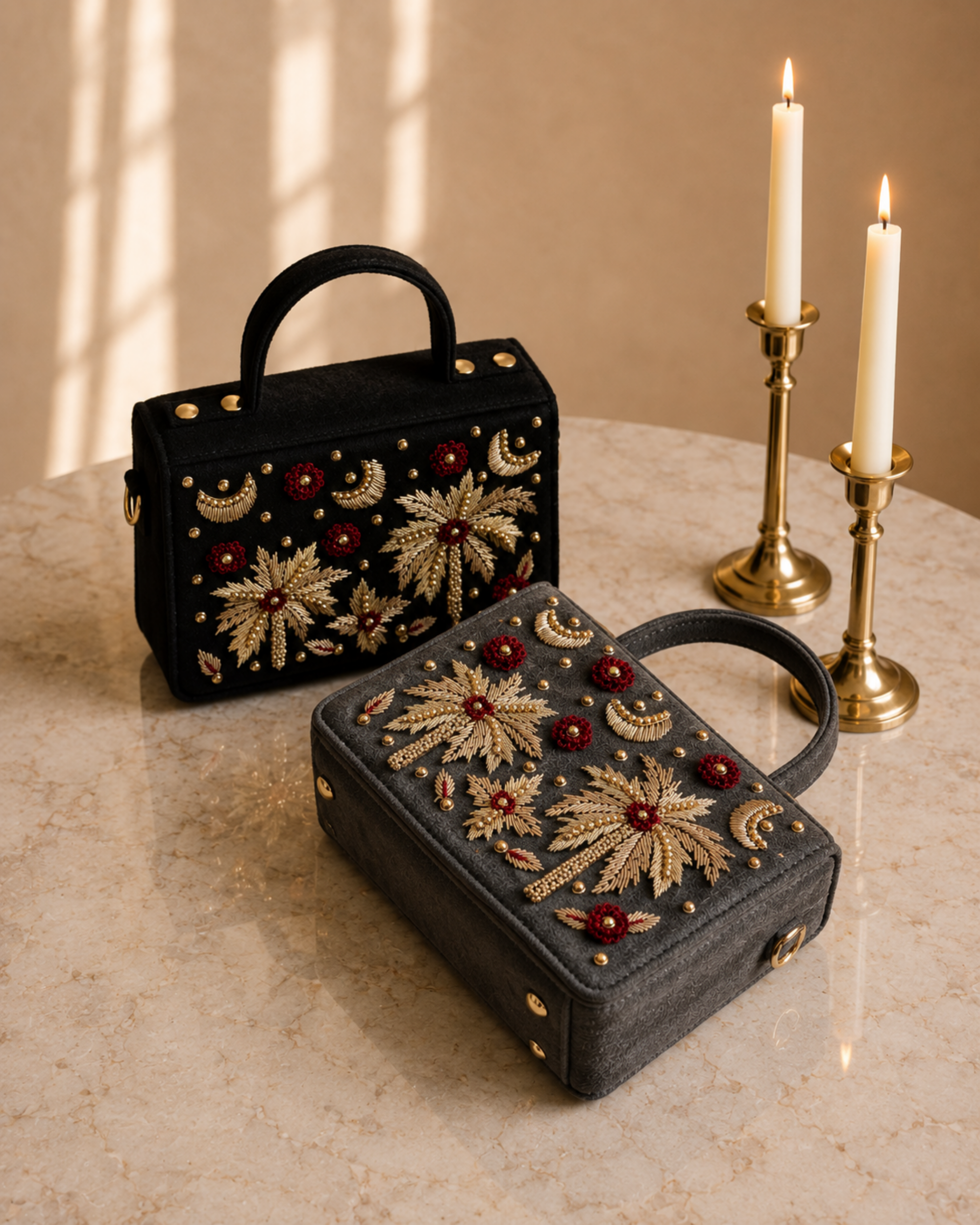 House of Shine Tropical Moonbeam Satchel in black and charcoal velvet, two colorways styled together on marble with brass candles