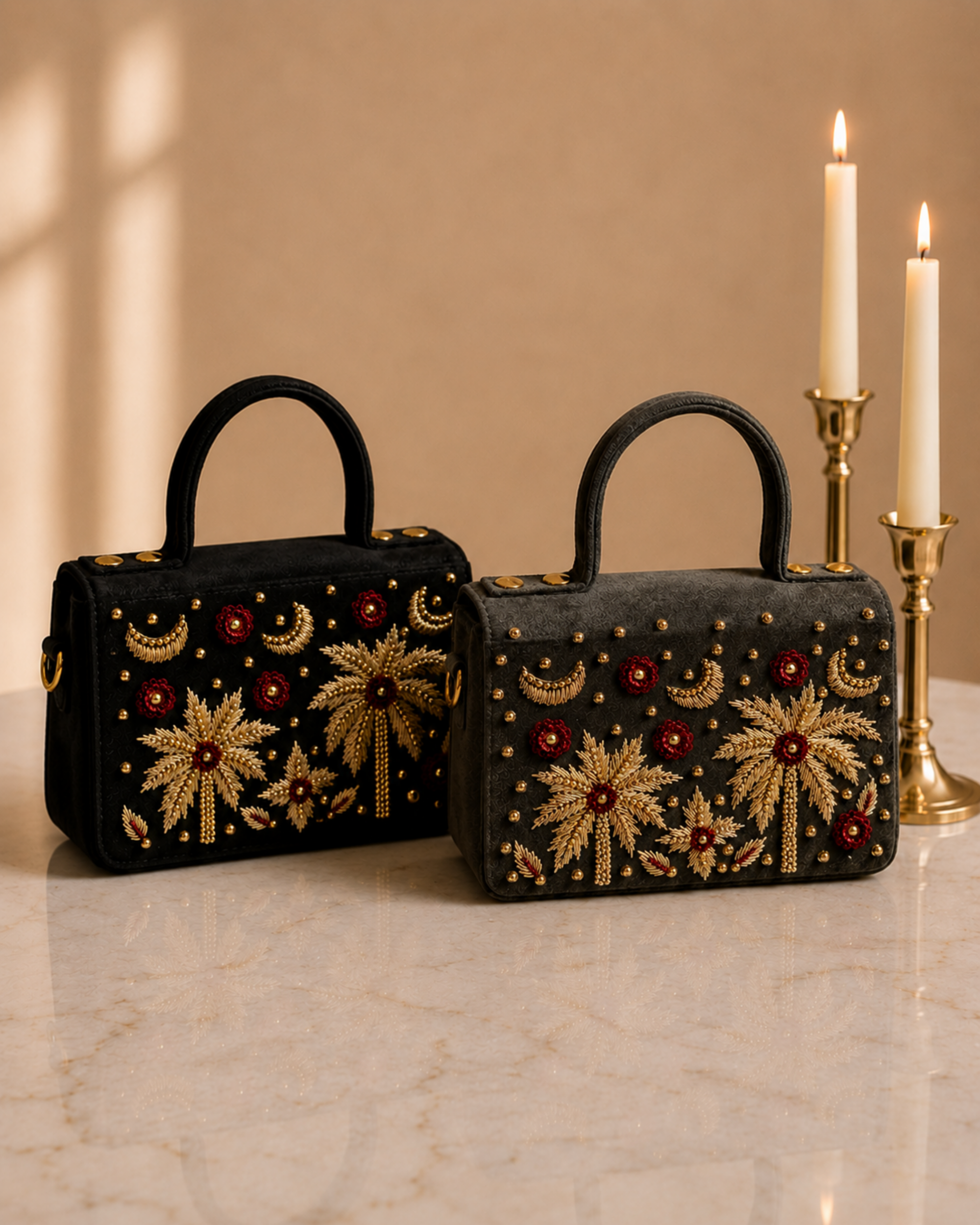 House of Shine Tropical Moonbeam Satchel in black and charcoal velvet displayed side by side, hand embroidered luxury handbag India with gold palm tree motif