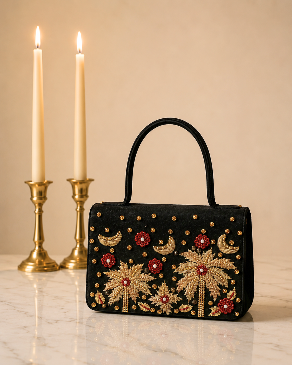 House of Shine Tropical Moonbeam Satchel in black velvet, front view of gold and red hand embroidered palm tree and crescent moon design with brass candle holders