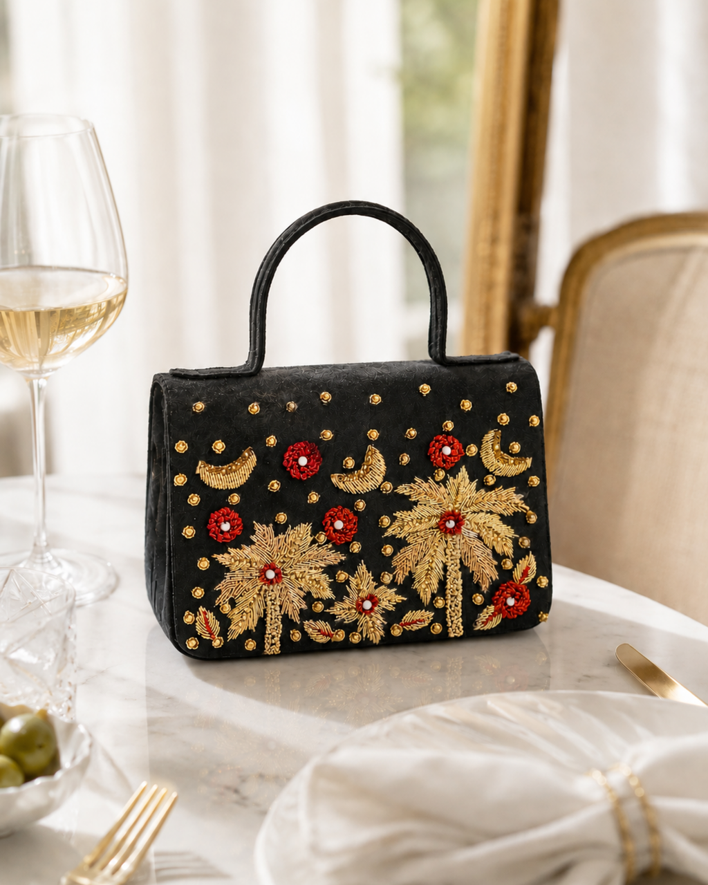 House of Shine Tropical Moonbeam Satchel in black velvet with gold zardozi palm tree and crescent moon embroidery, styled on a marble dining table with white wine