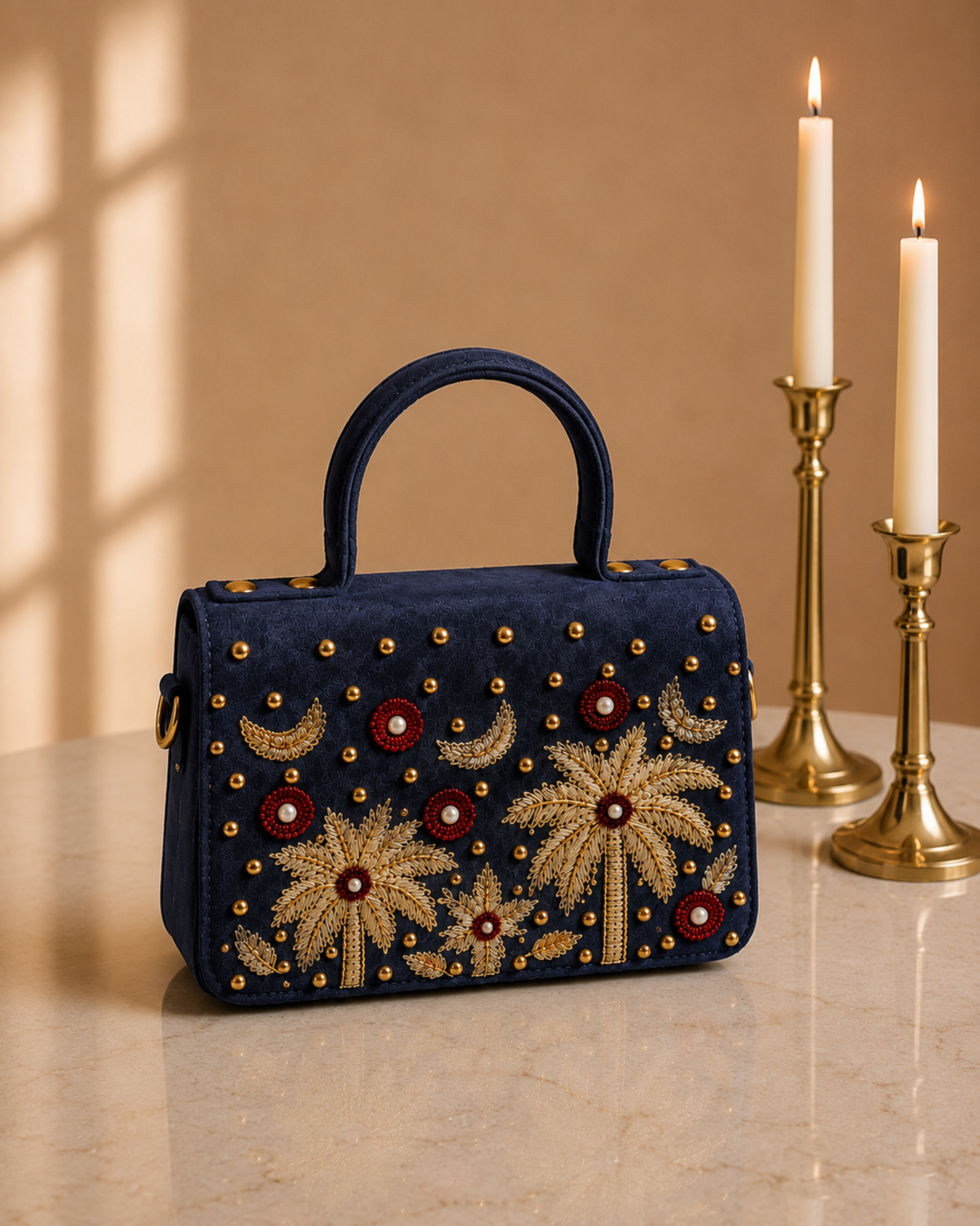 House of Shine Tropical Moonbeam Satchel in navy velvet with gold zardozi palm tree embroidery and red floral detailing, styled with brass candle holders