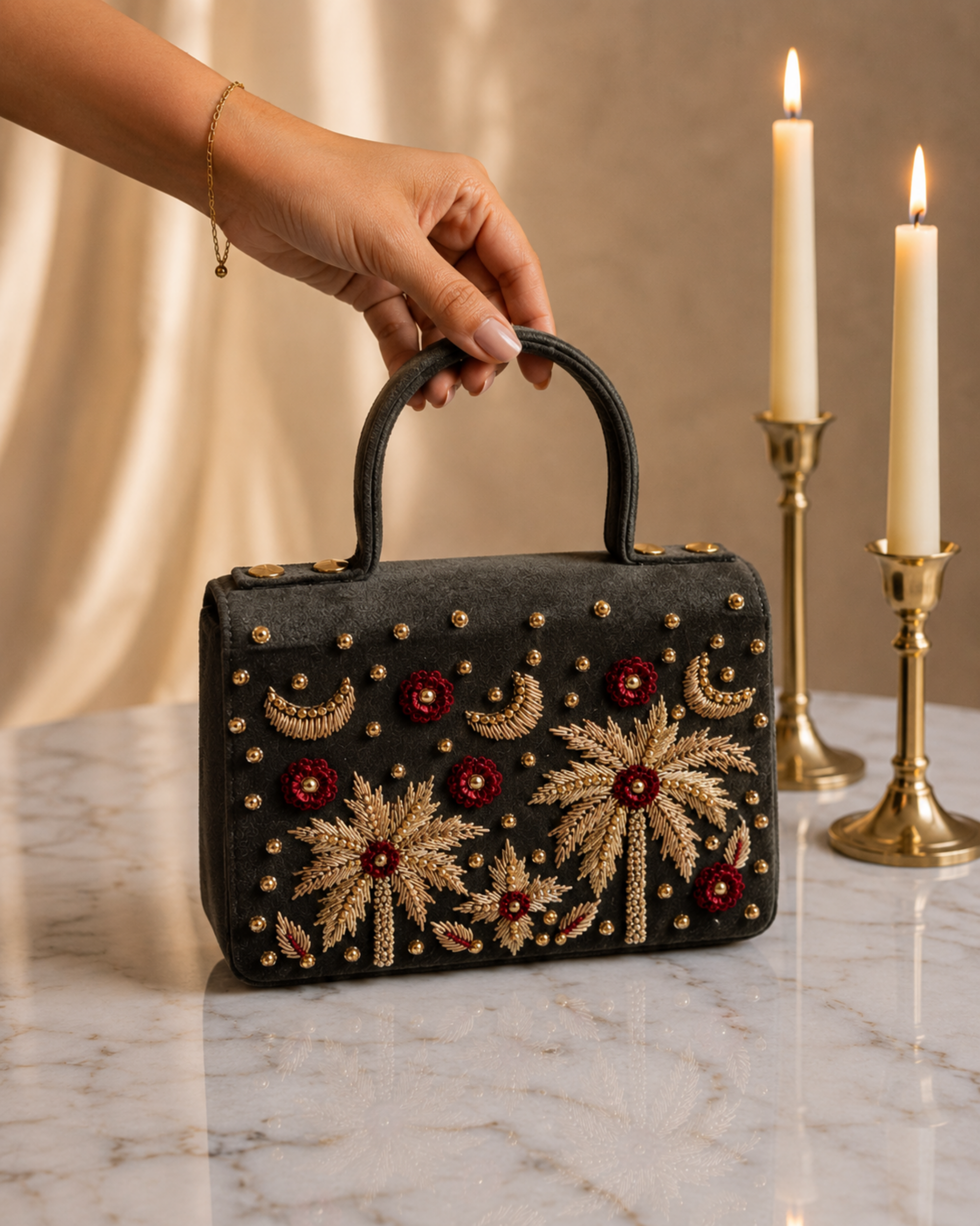 Hand holding House of Shine Tropical Moonbeam Satchel in olive suede by top handle, gold zardozi embroidery with red floral and crescent moon motifs