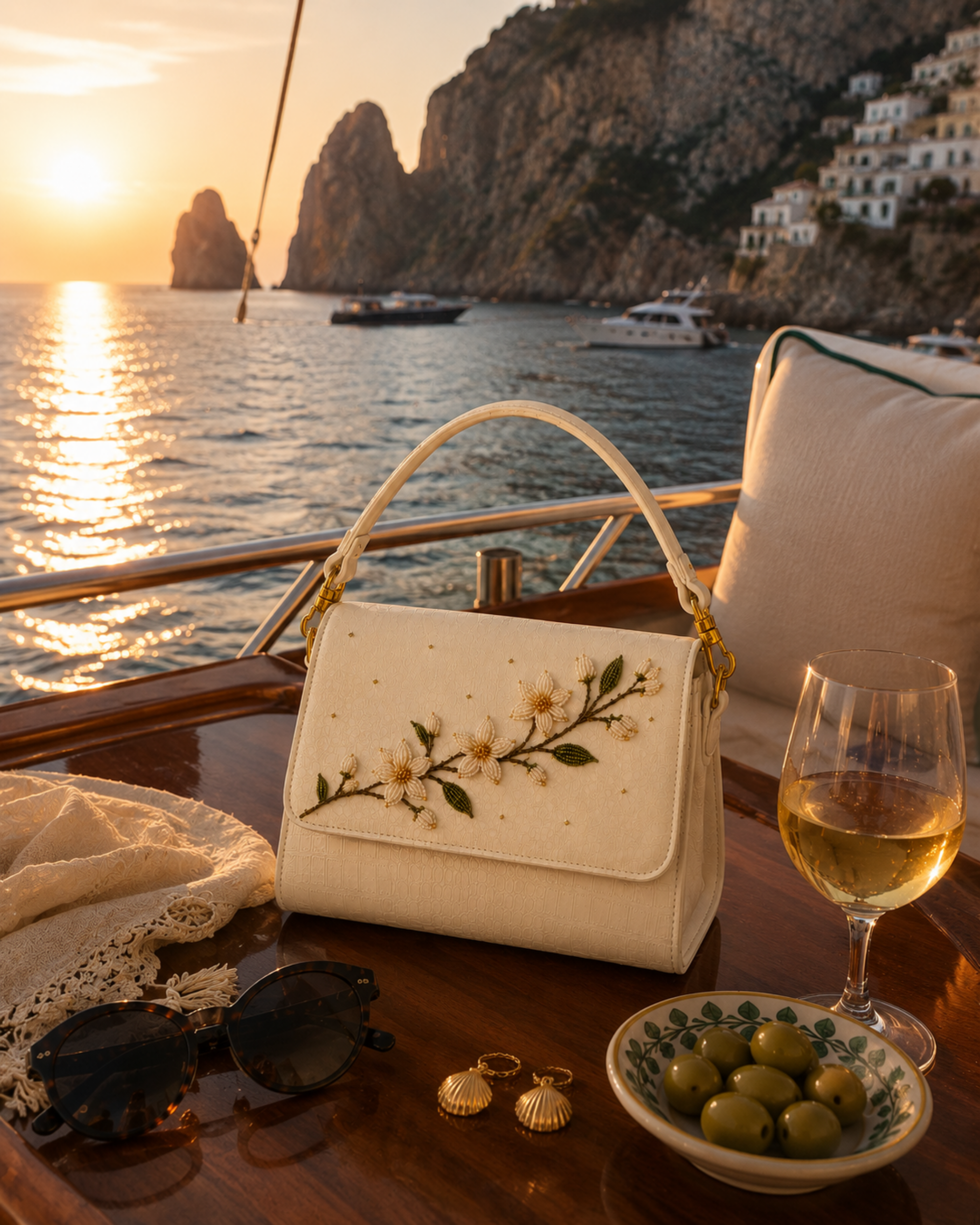 Zagara hand-embroidered ivory bag styled aboard a yacht at golden hour off the Capri coast