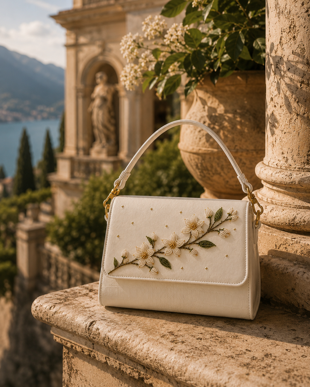 Zagara ivory hand-embroidered floral bag photographed against elegant Italian villa architecture
