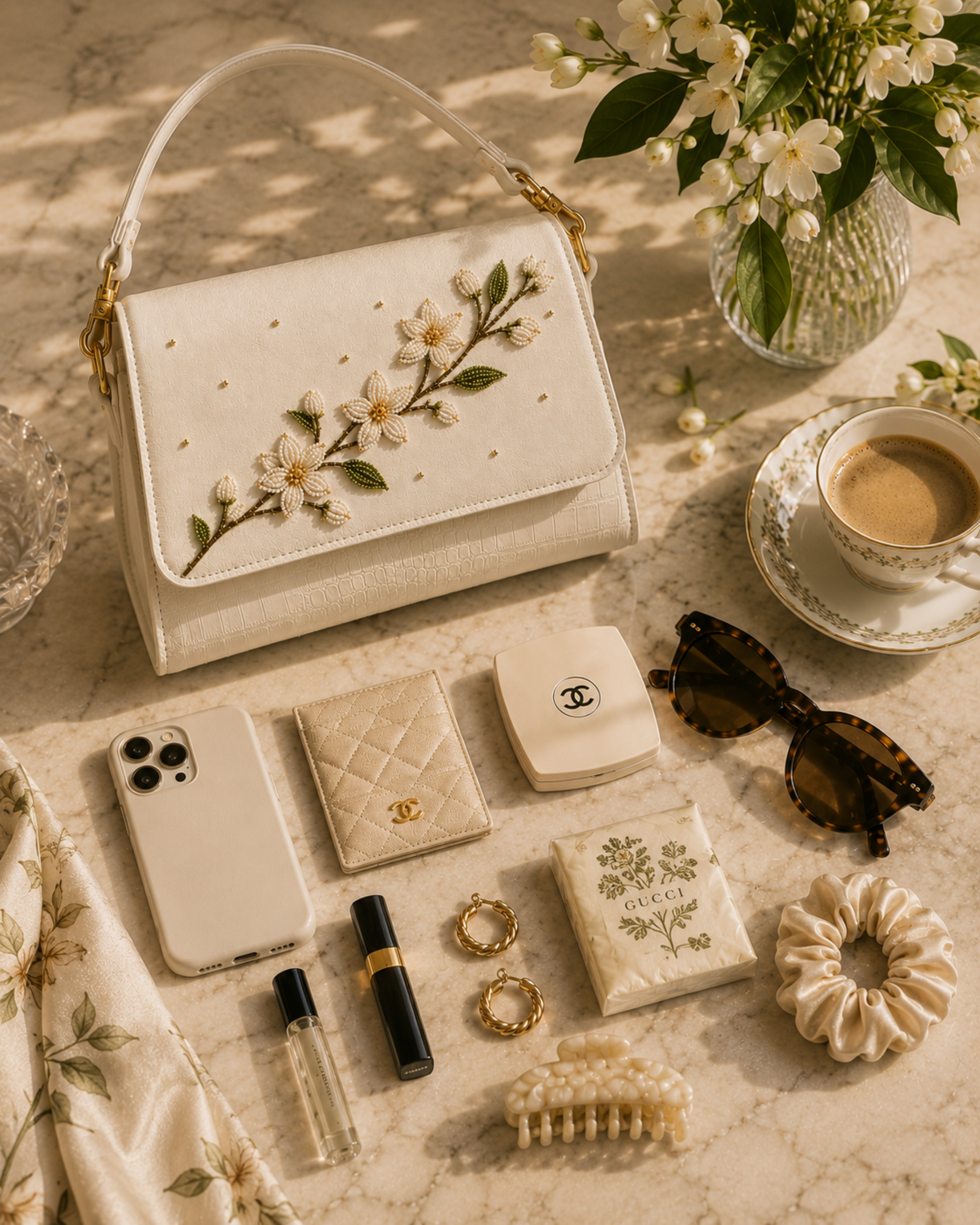 Zagara ivory floral shoulder bag with everyday essentials including phone, sunglasses and beauty accessories