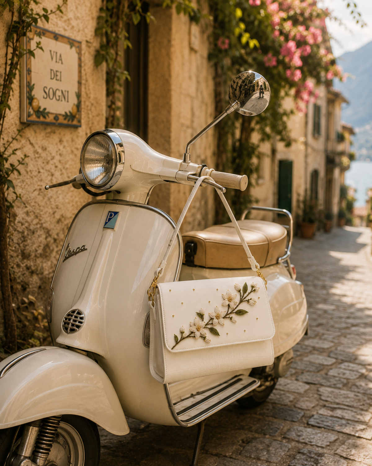 Zagara ivory floral shoulder bag with hand embroidery styled on a vintage Vespa on an Italian street