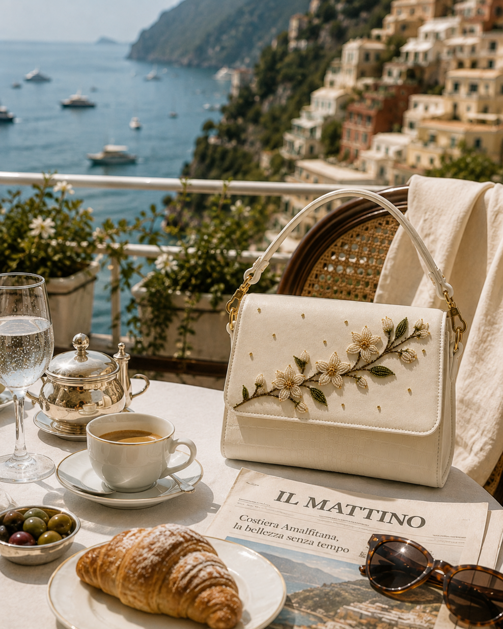 Zagara ivory embroidered shoulder bag styled for breakfast on a terrace overlooking the Amalfi Coast