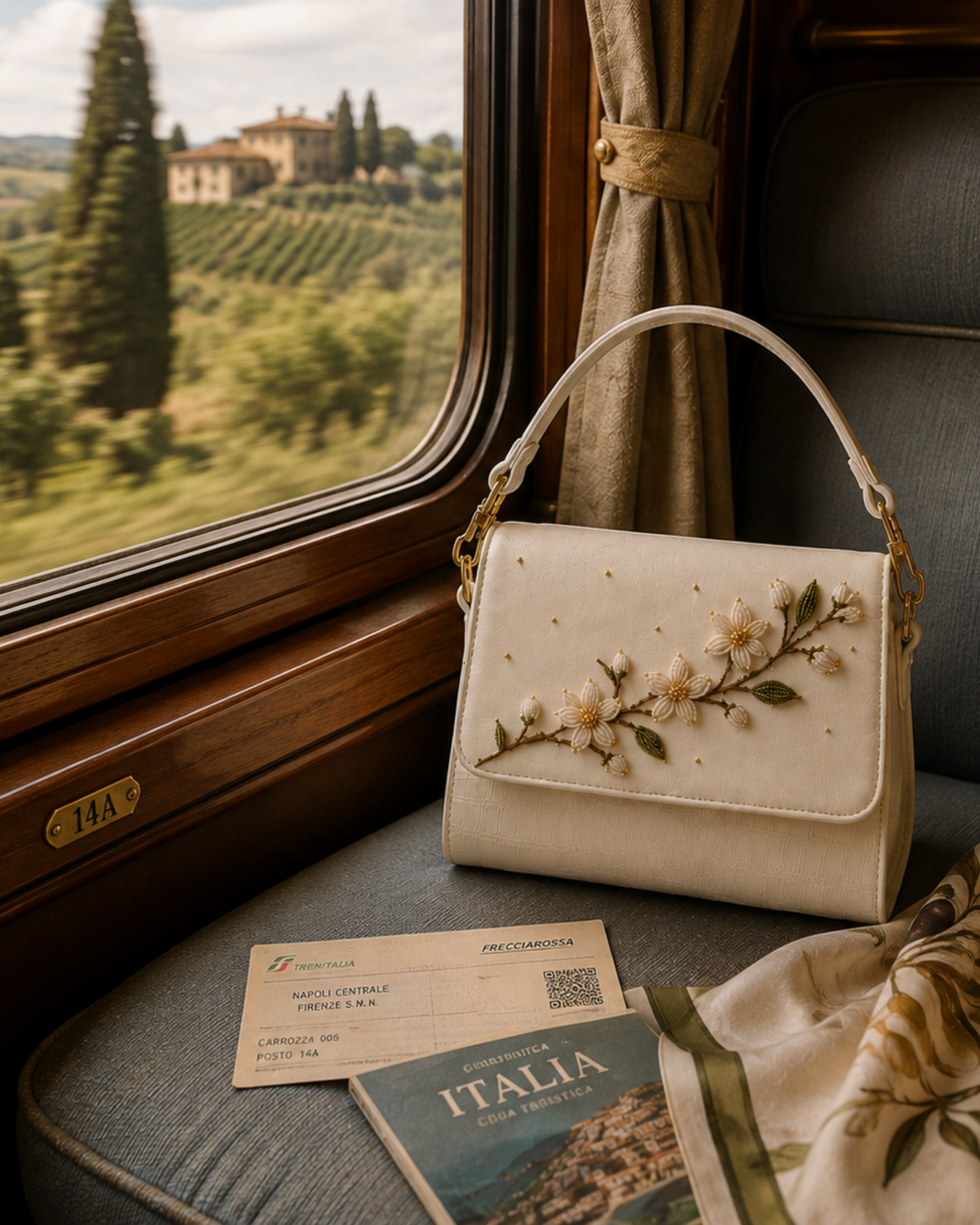 Zagara structured ivory bag with floral bead embroidery on a train journey through the Italian countryside