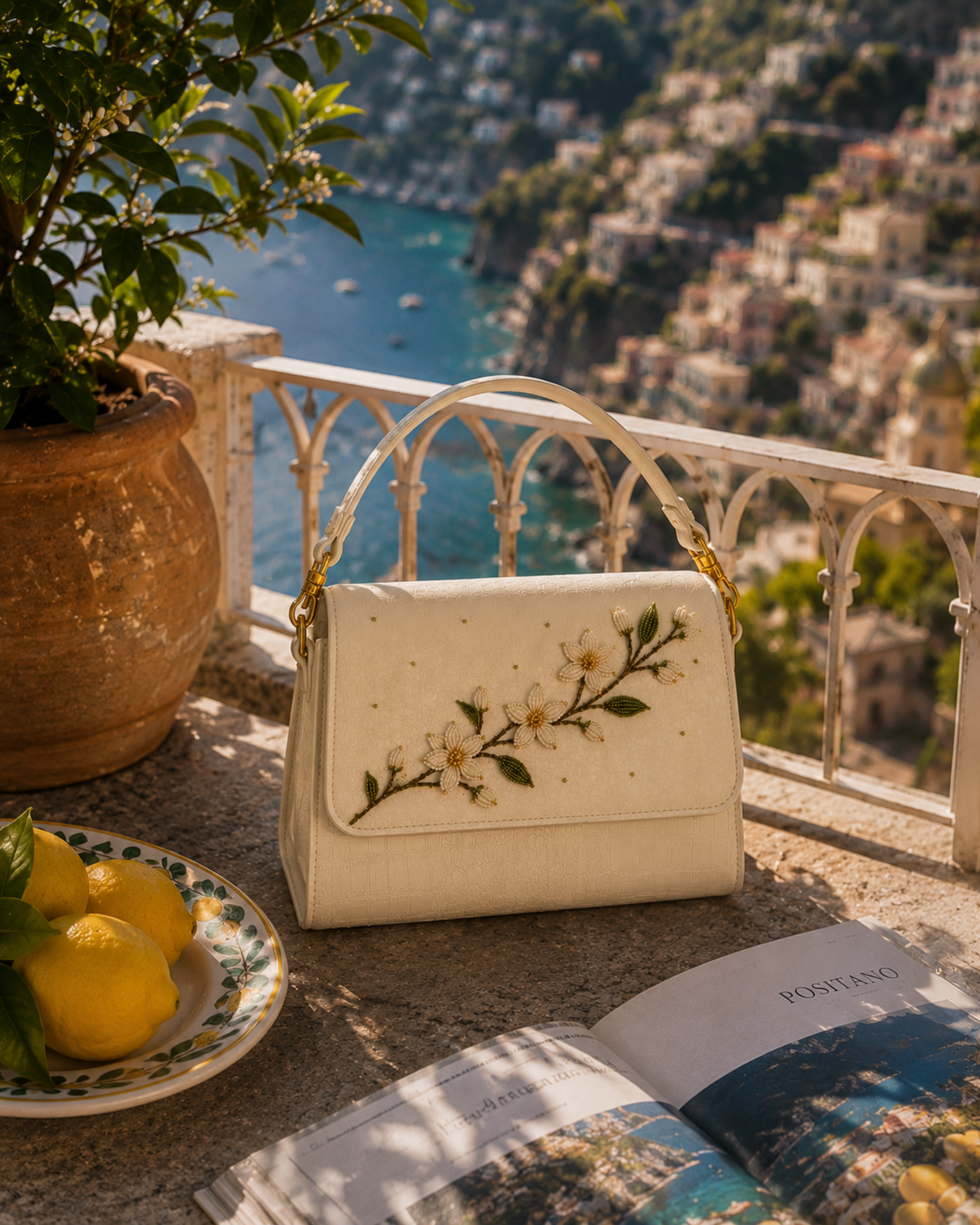 Zagara ivory floral bag on a sunlit Italian terrace overlooking the Positano coastline