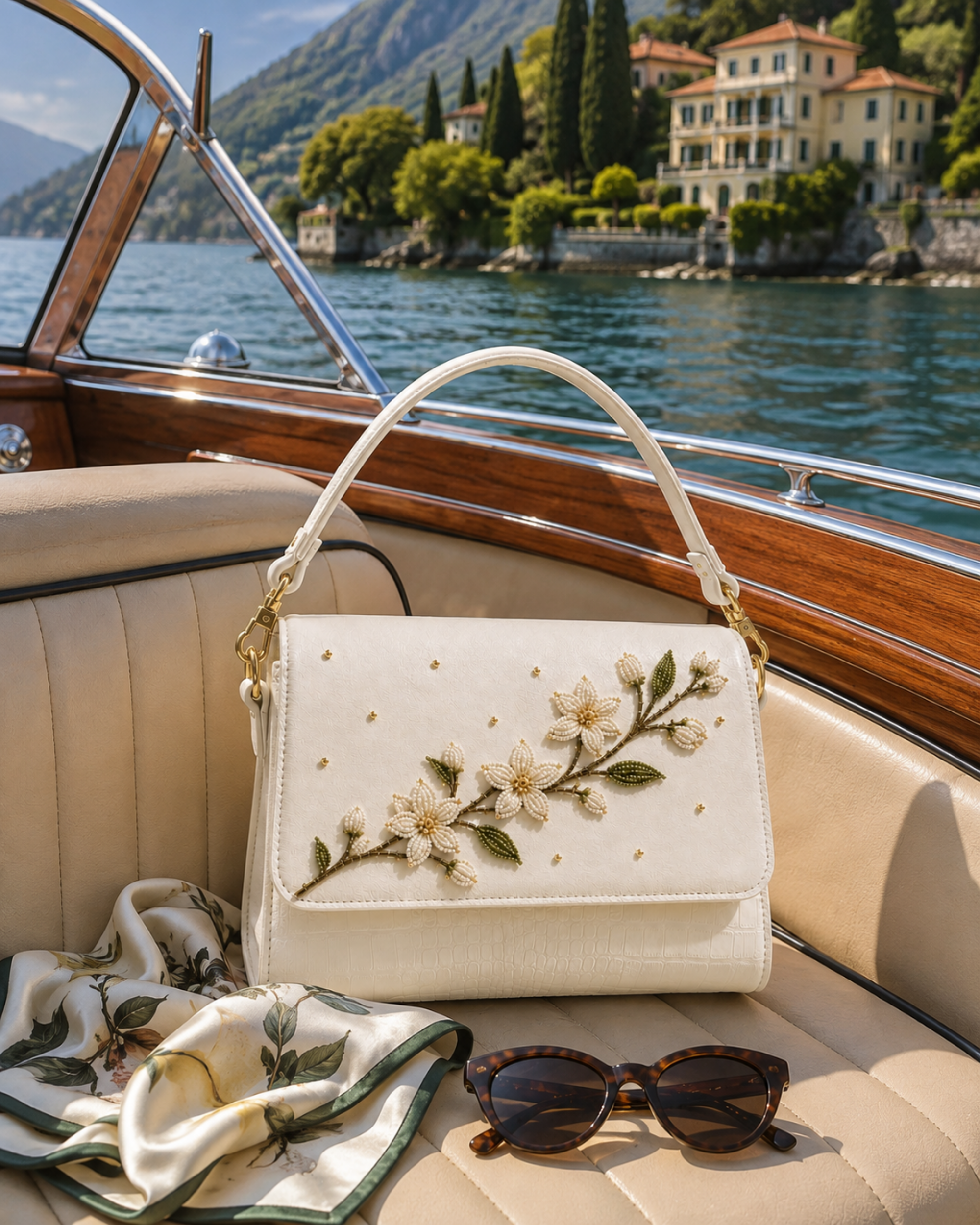 Zagara ivory hand-embroidered floral bag by The House of Shine styled on a boat at Lake Como