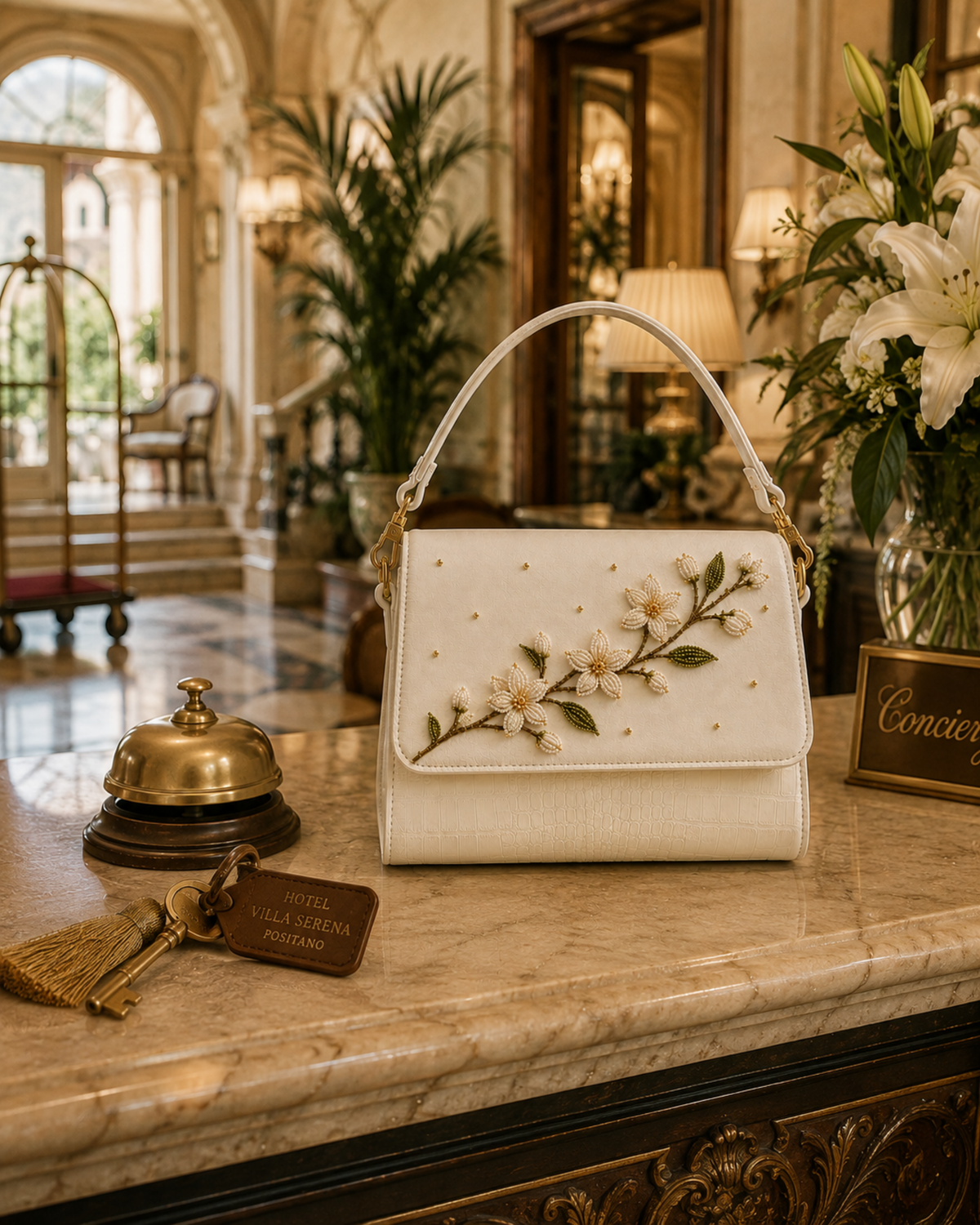 Zagara structured ivory floral bag with gold hardware styled at the concierge of an elegant Italian hotel