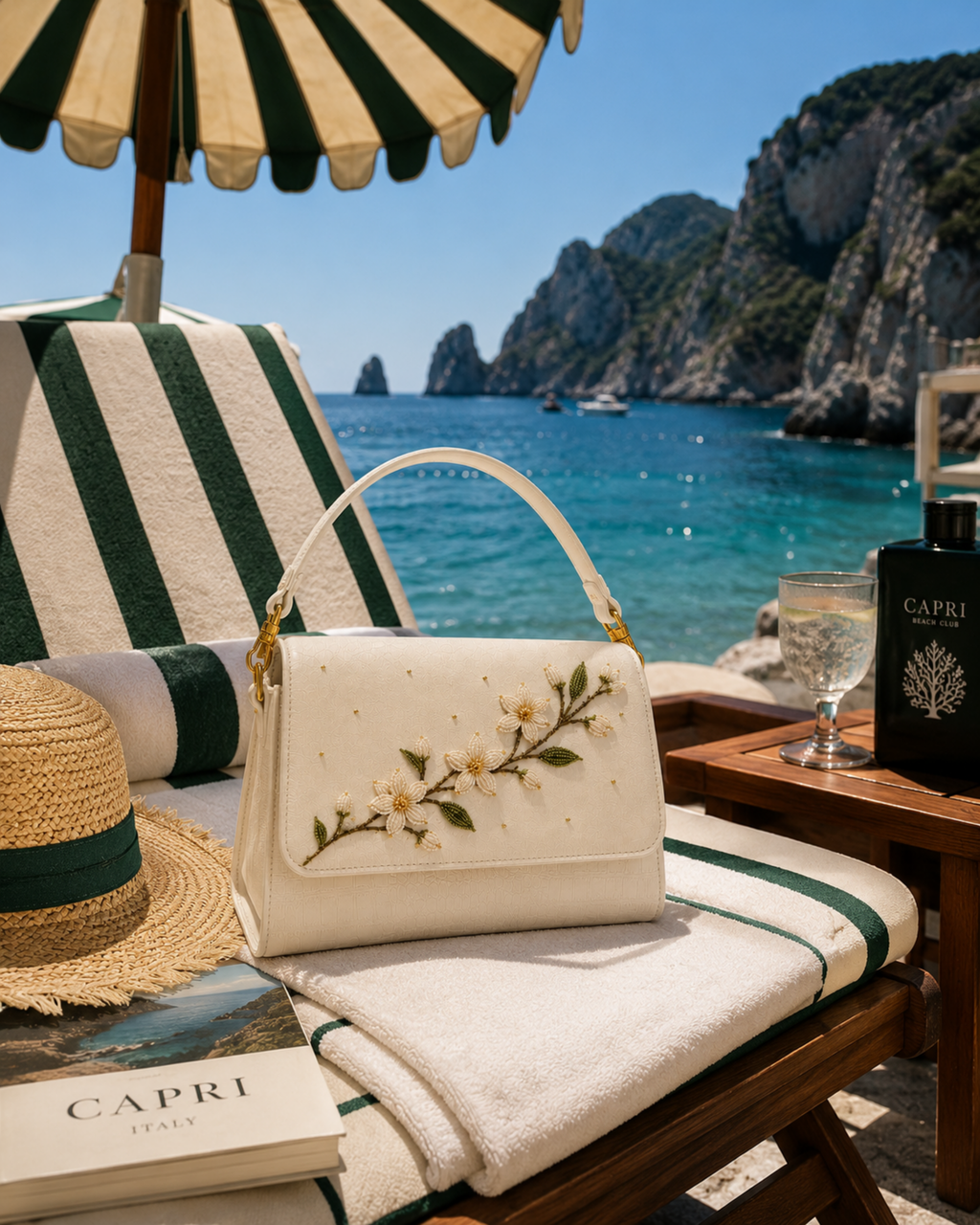 Zagara structured ivory shoulder bag styled at a Mediterranean beach club in Capri