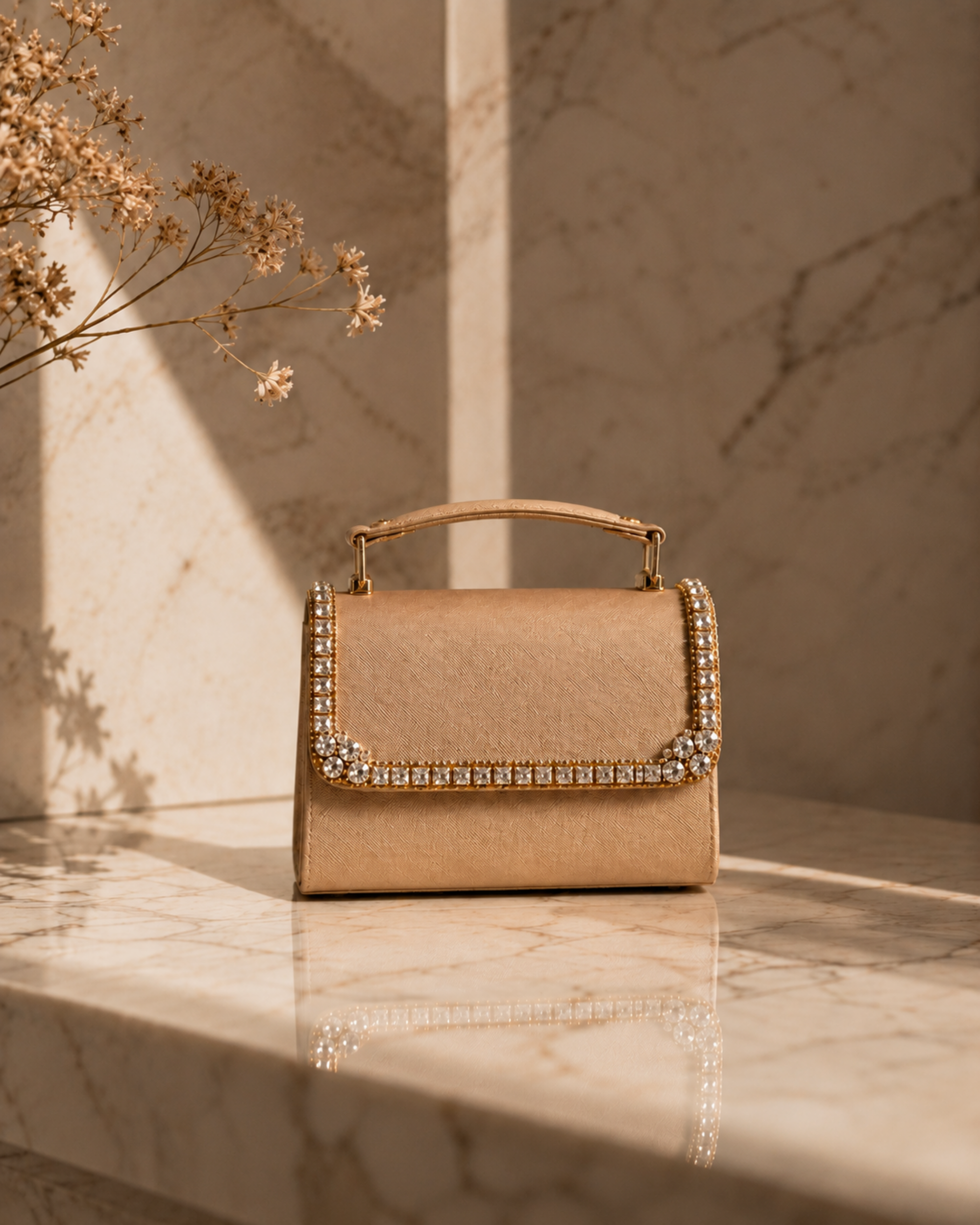 Liquid Gold crystal-embellished mini top-handle bag by House of Shine, front view on sunlit marble with dried golden botanicals, gold-polished hardware, saffiano exterior, Bijou Edit.
