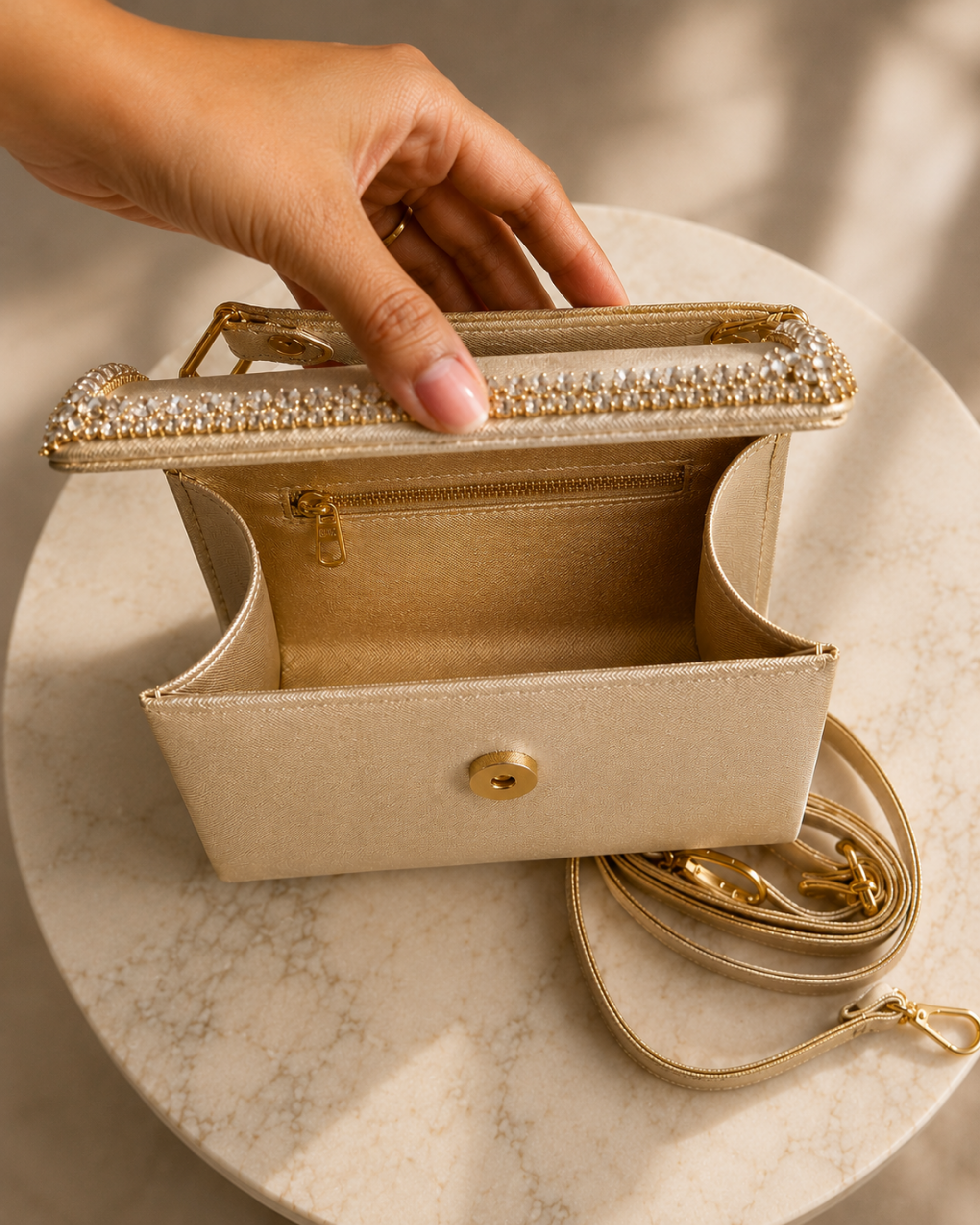 Open interior of Liquid Gold crystal-embellished mini bag by House of Shine, model's hand lifting flap to show zip pocket, magnetic snap closure and detachable strap, gold-polished hardware, saffiano exterior, Bijou Edit.