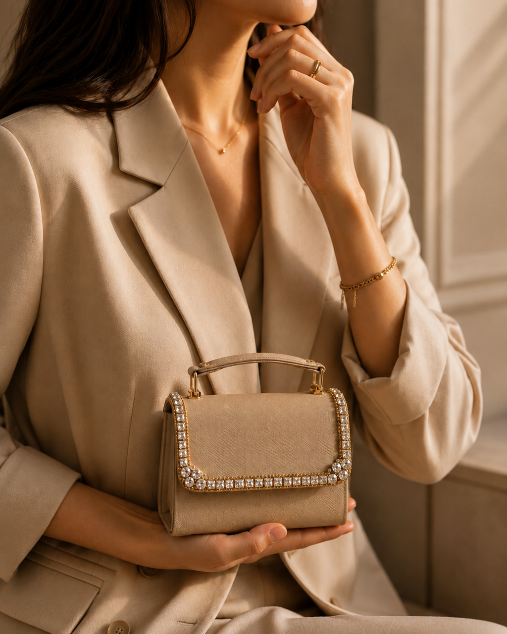 Model in beige blazer holding Liquid Gold crystal-embellished mini top-handle bag by House of Shine close to her body, layered gold jewelry, gold-polished hardware, saffiano exterior, Bijou Edit.
