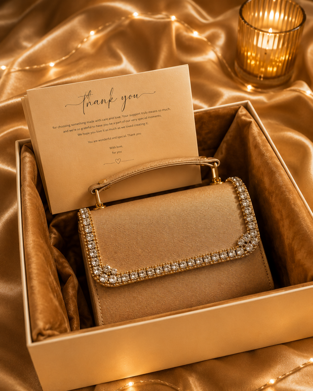 Liquid Gold crystal-embellished mini bag by House of Shine nestled in the signature gift box with thank you card, satin lining and fairy lights, gold-polished hardware, Bijou Edit.