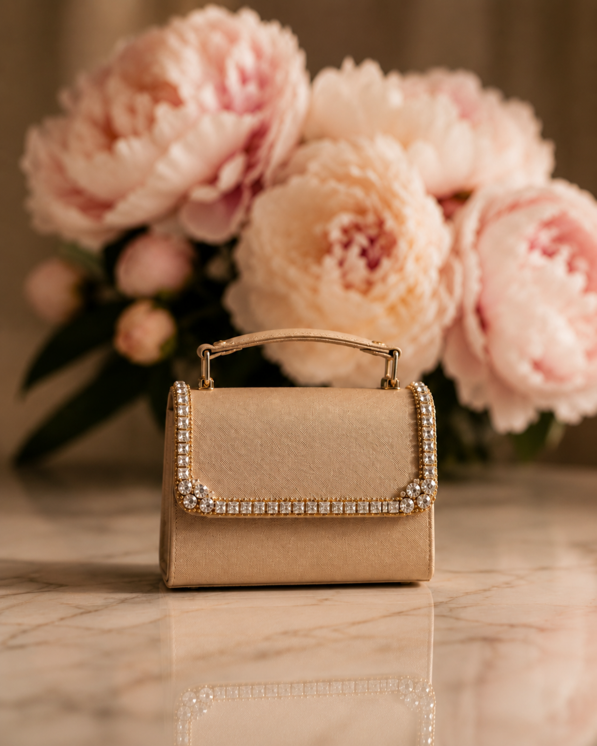 Liquid Gold crystal-embellished mini top-handle bag by House of Shine, styled against blush peonies on marble, gold-polished hardware, saffiano exterior, Bijou Edit.