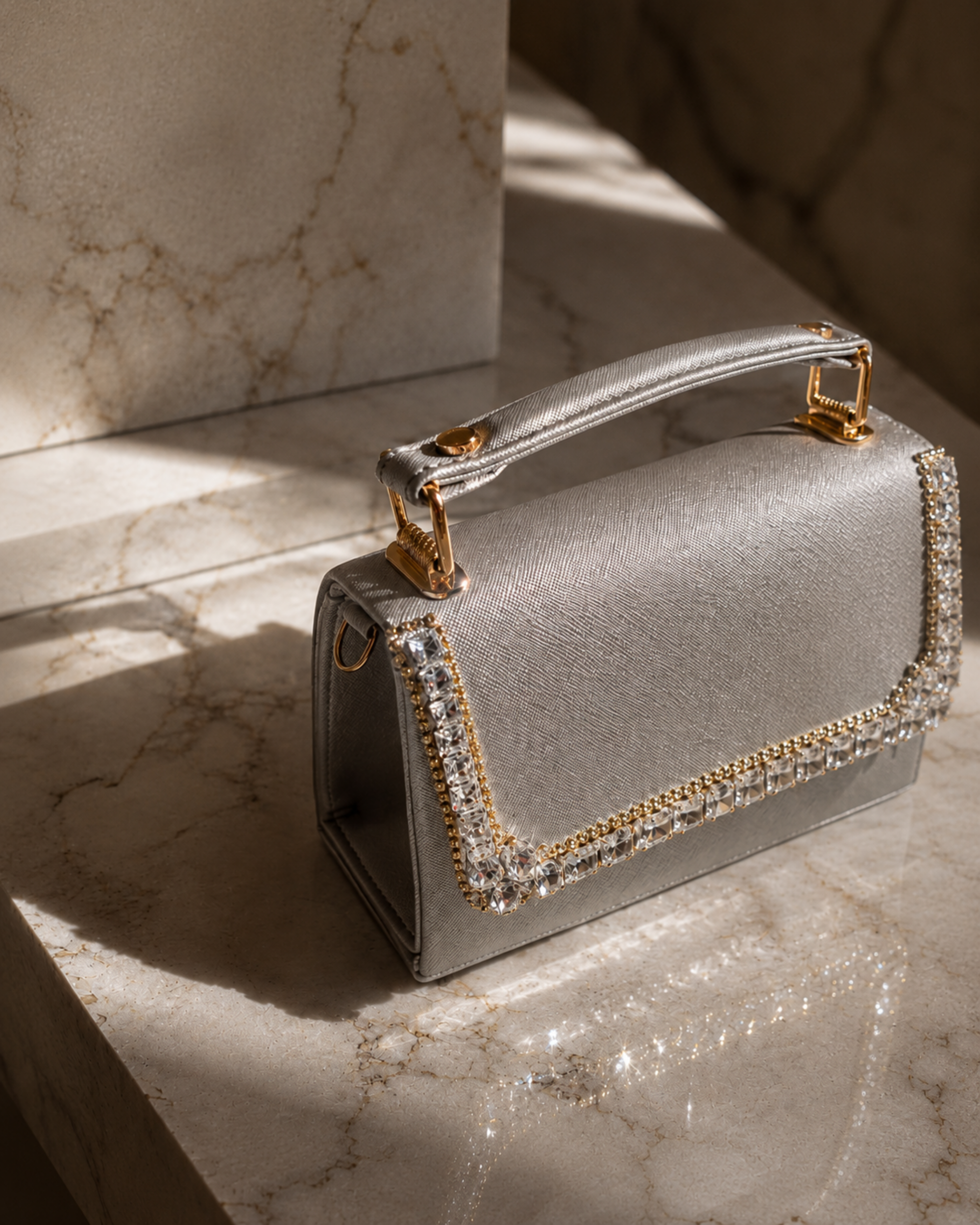 Silver Moonlit crystal-embellished mini top-handle bag by House of Shine, angled detail shot on marble surface, gold-polished hardware and hand-set crystal trim, saffiano exterior, Bijou Edit.