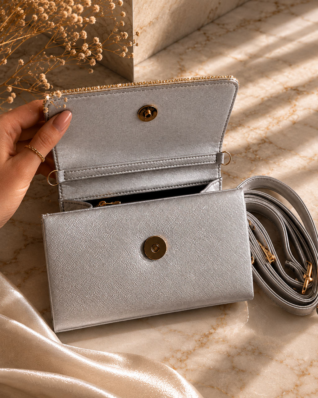 Open interior of silver Moonlit crystal-embellished mini bag by House of Shine, model's hand lifting flap to show magnetic snap closure and detachable straps, gold-polished hardware, saffiano exterior, Bijou Edit