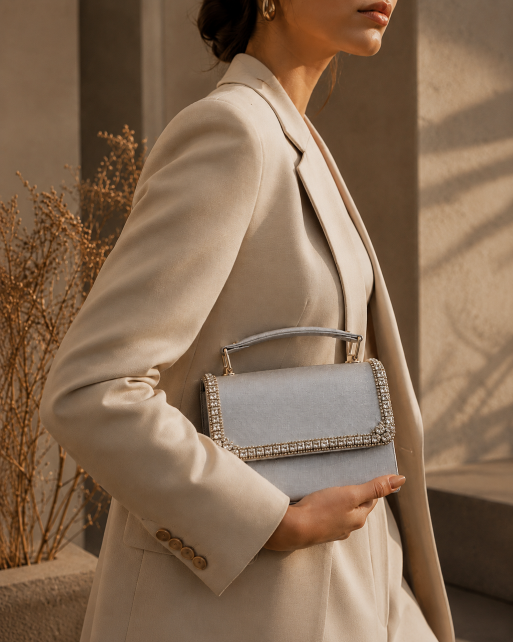 Model in beige blazer holding silver Moonlit crystal-embellished mini top-handle bag by House of Shine close to her side, gold-polished hardware, saffiano exterior, Bijou Edit.