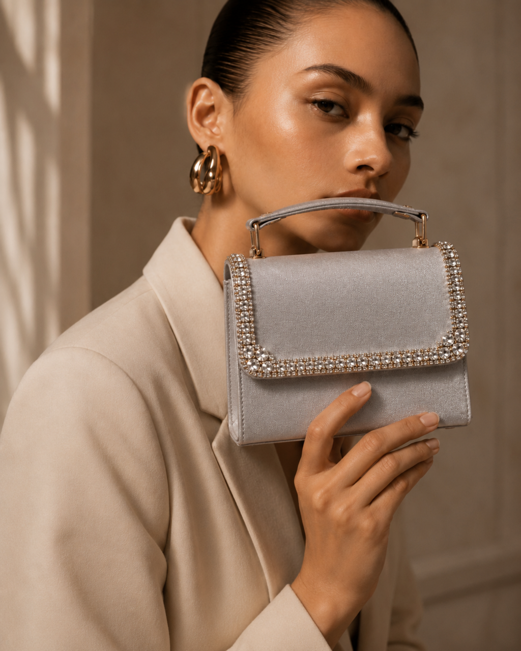 Model in beige blazer holding silver Moonlit crystal-embellished mini top-handle bag by House of Shine up near her face, gold hoop earrings, gold-polished hardware, saffiano exterior, Bijou Edit.