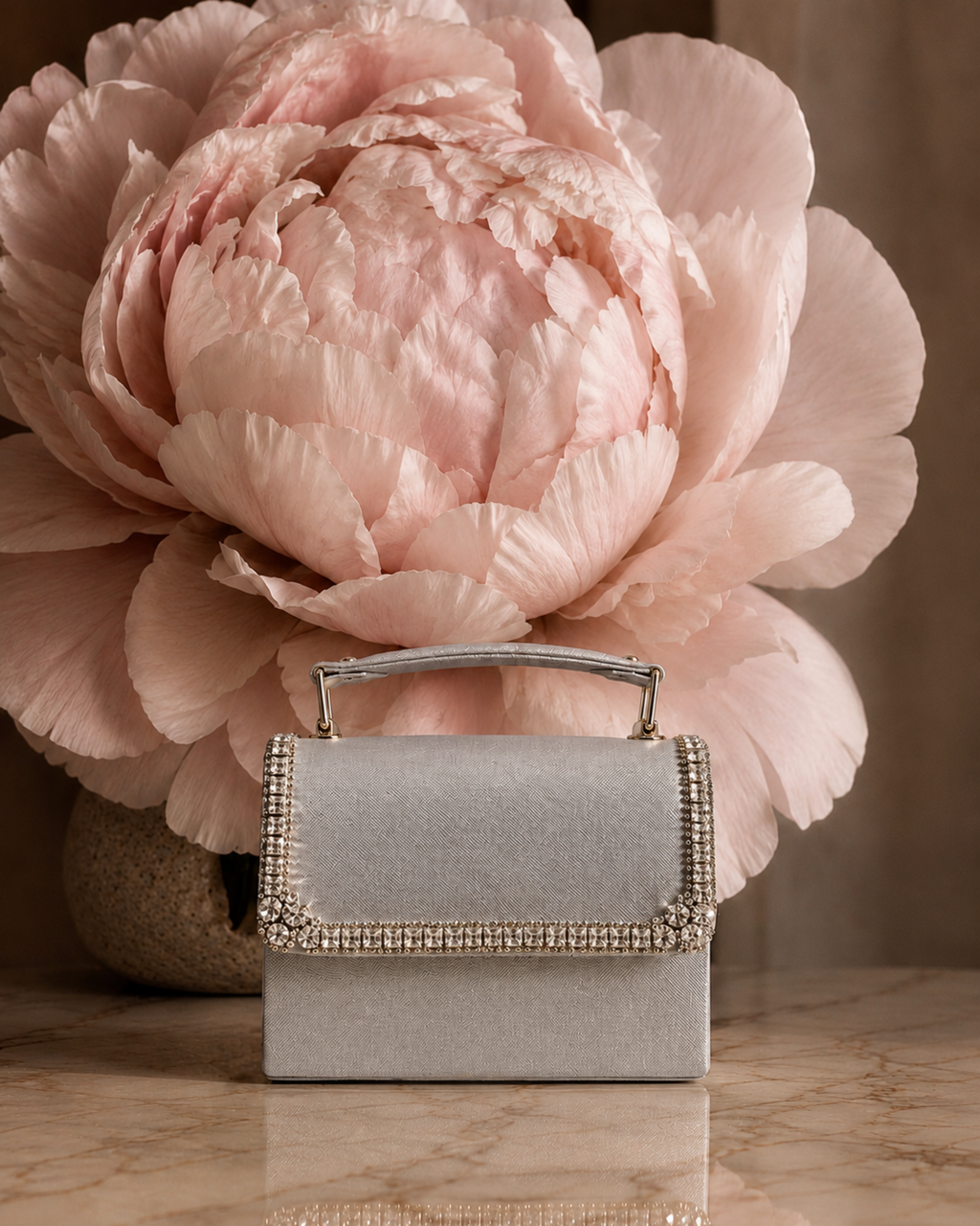 Silver Moonlit crystal-embellished mini top-handle bag by House of Shine, styled against an oversized blush peony on marble, gold-polished hardware, saffiano exterior, Bijou Edit.