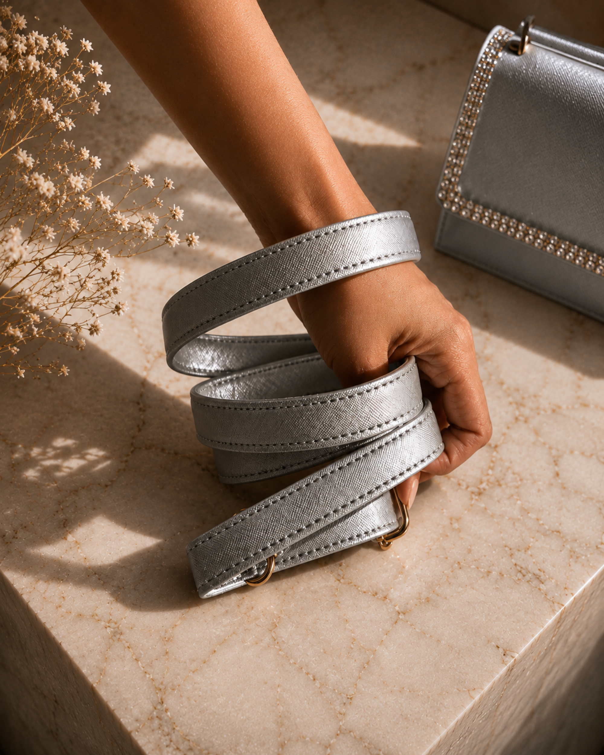 Model's wrist wrapped in the silver Moonlit saffiano detachable strap with gold-polished hardware, House of Shine crystal-embellished mini bag visible in background, Bijou Edit.
