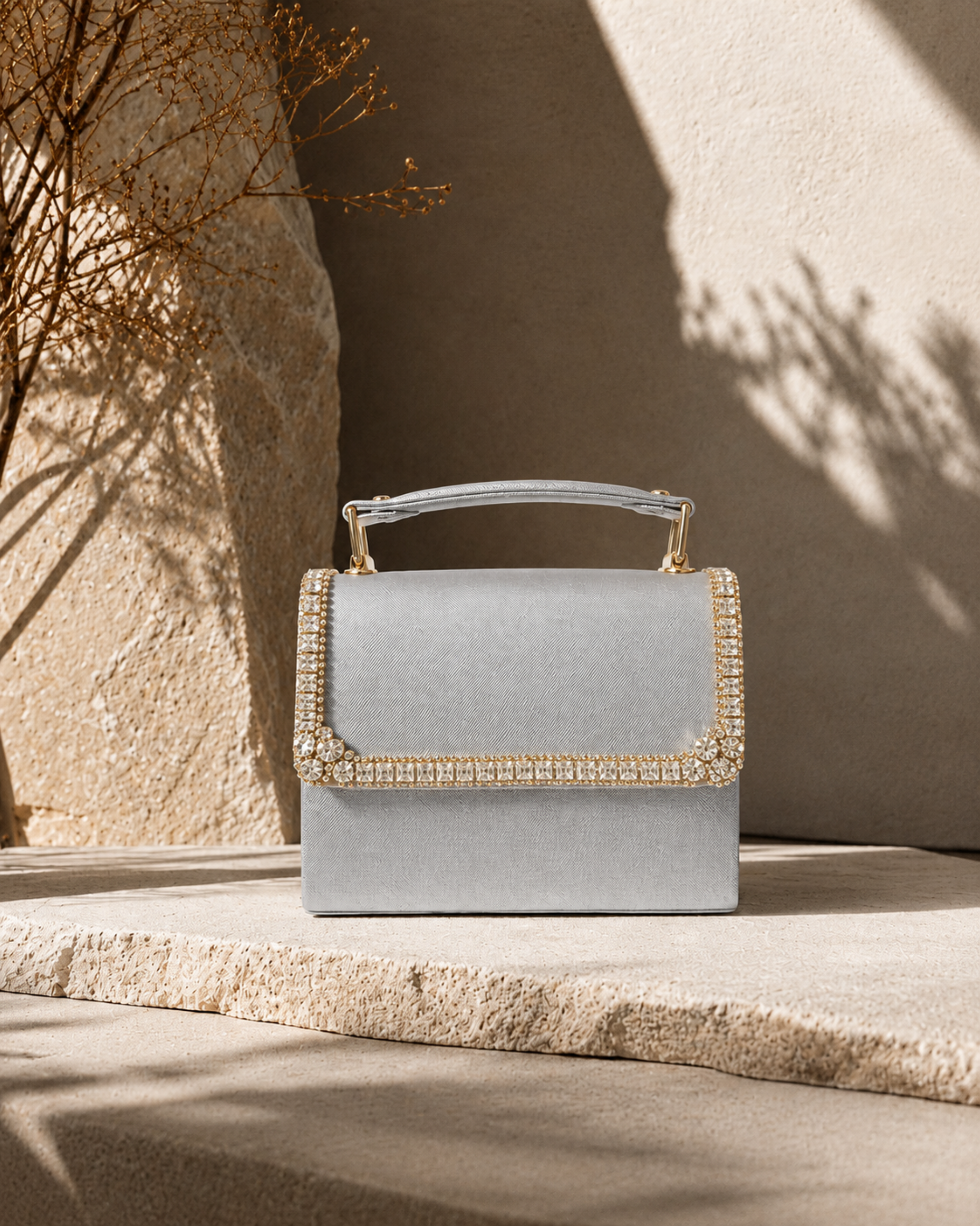 Silver Moonlit crystal-embellished mini top-handle bag by House of Shine, styled on sandstone steps with dried golden botanicals, gold-polished hardware, saffiano exterior, Bijou Edit.