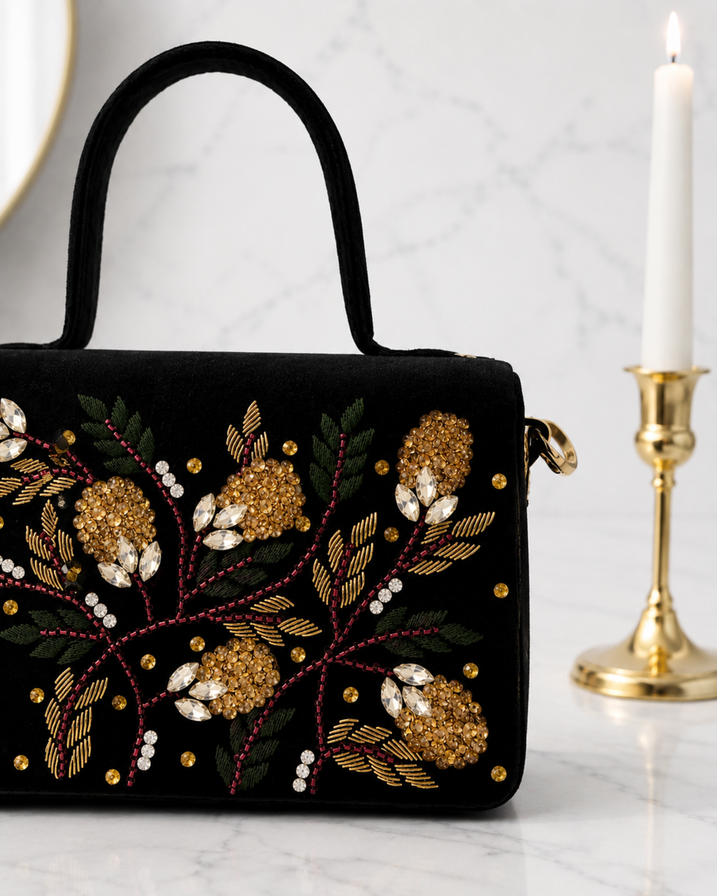Close-up of hand-embroidered gold zardozi and crystal grape motif on Nocturne Satchel, Noir Atelier by The House of Shine