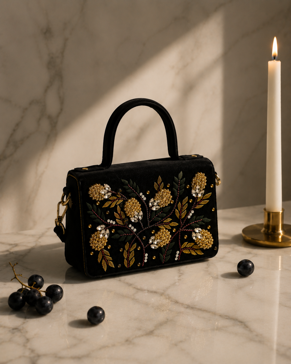 Nocturne Satchel in black with dark grapes and lit candle on marble, Noir Atelier by The House of Shine