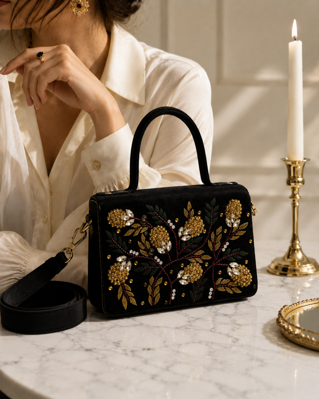 Nocturne Satchel on marble table beside woman in cream shirt with gold chandelier earrings and lit candle, Noir Atelier by The House of Shine