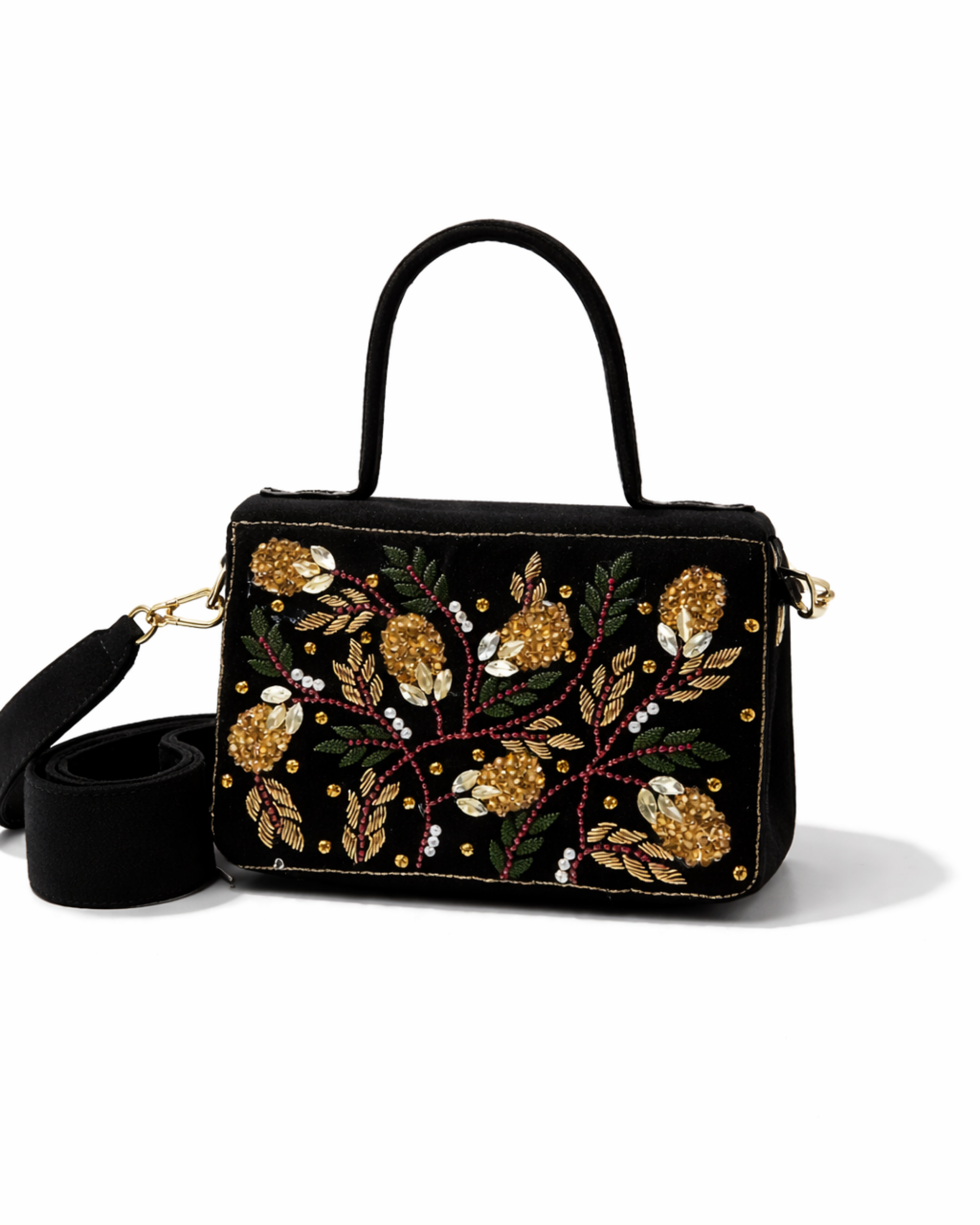 Nocturne Satchel full product view on white background with detachable shoulder strap, Noir Atelier by The House of Shine