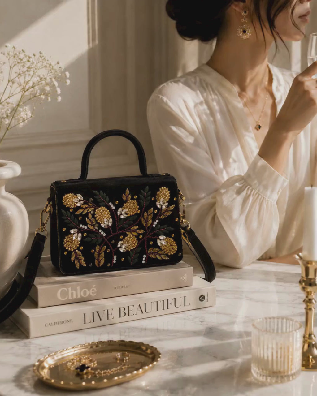Zoom in and out video of hand-embroidered gold zardozi and crystal grape motif on Nocturne Satchel lifestyle image, Noir Atelier by The House of Shine