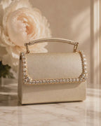 Close-up video of Bare Silk crystal-embellished mini bag by House of Shine, camera zooming in and out to show hand-set crystal trim, saffiano texture, and gold-polished hardware, Bijou Edit.
