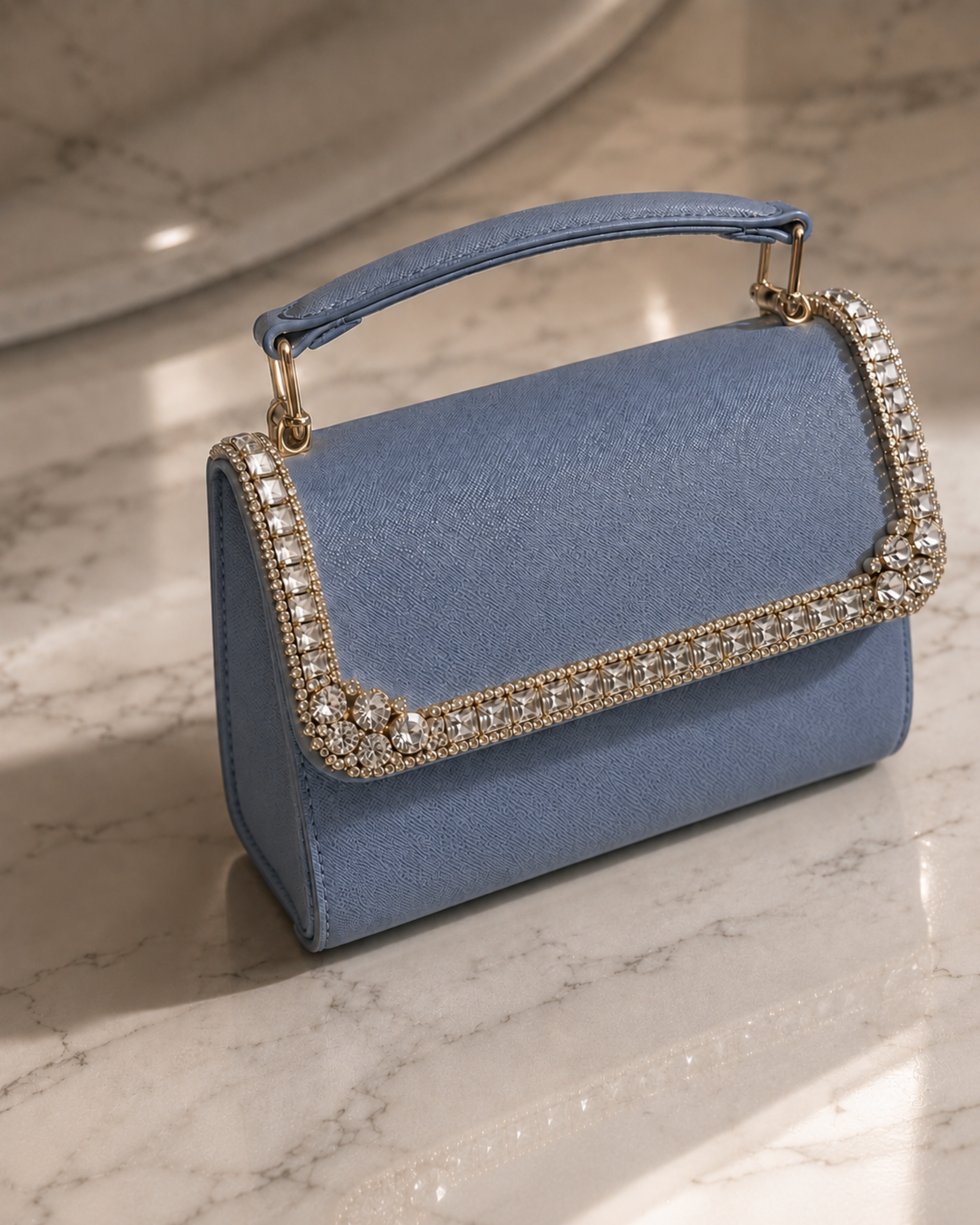 Something Blue crystal-embellished mini top-handle bag by House of Shine, angled detail shot on sunlit marble showing hand-set crystal trim and saffiano texture, gold-polished hardware, Bijou Edit.