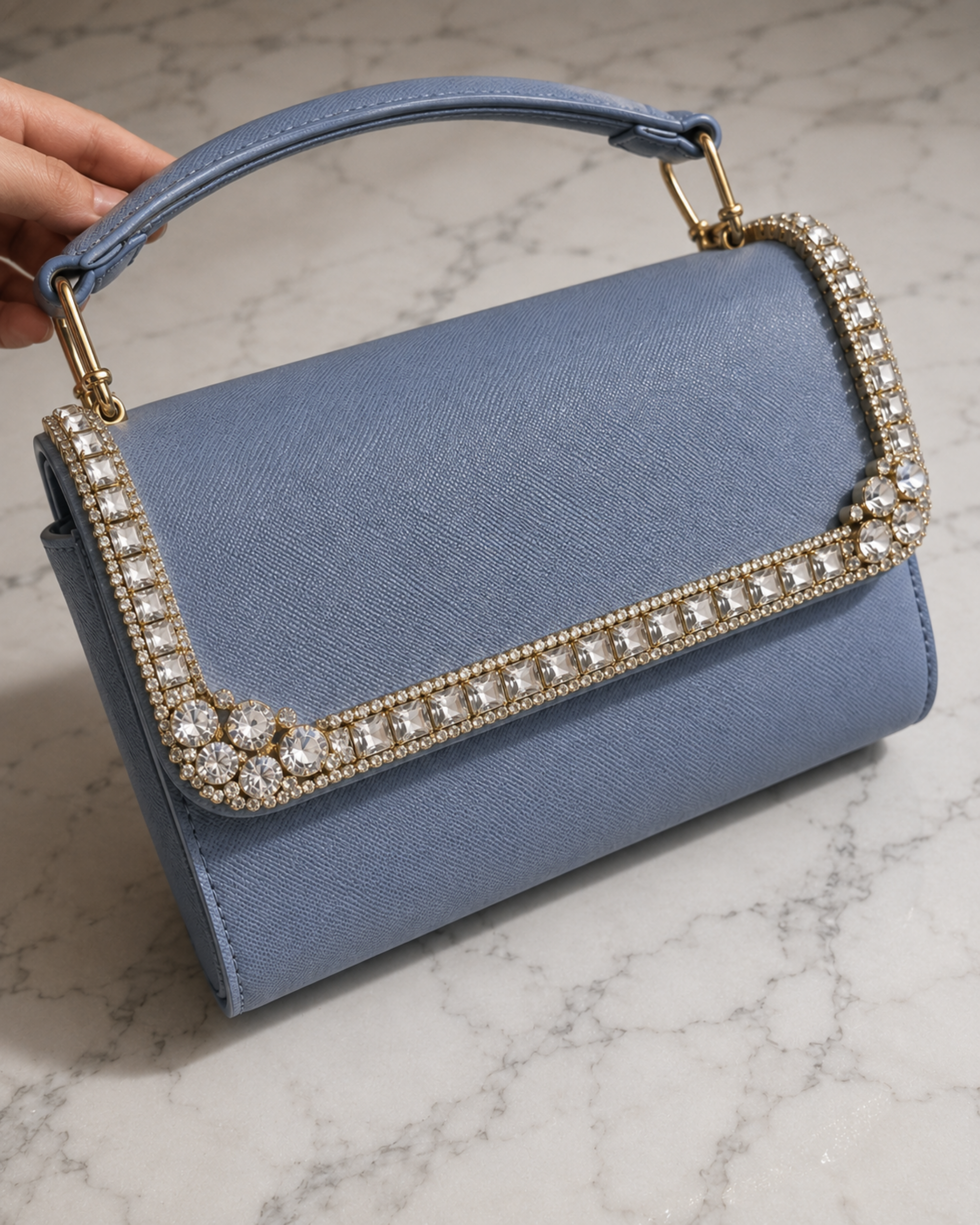 Close-up of Something Blue crystal-embellished mini top-handle bag by House of Shine, model's hand holding top handle on marble, showing hand-set crystal trim detail, gold-polished hardware, saffiano exterior, Bijou Edit.