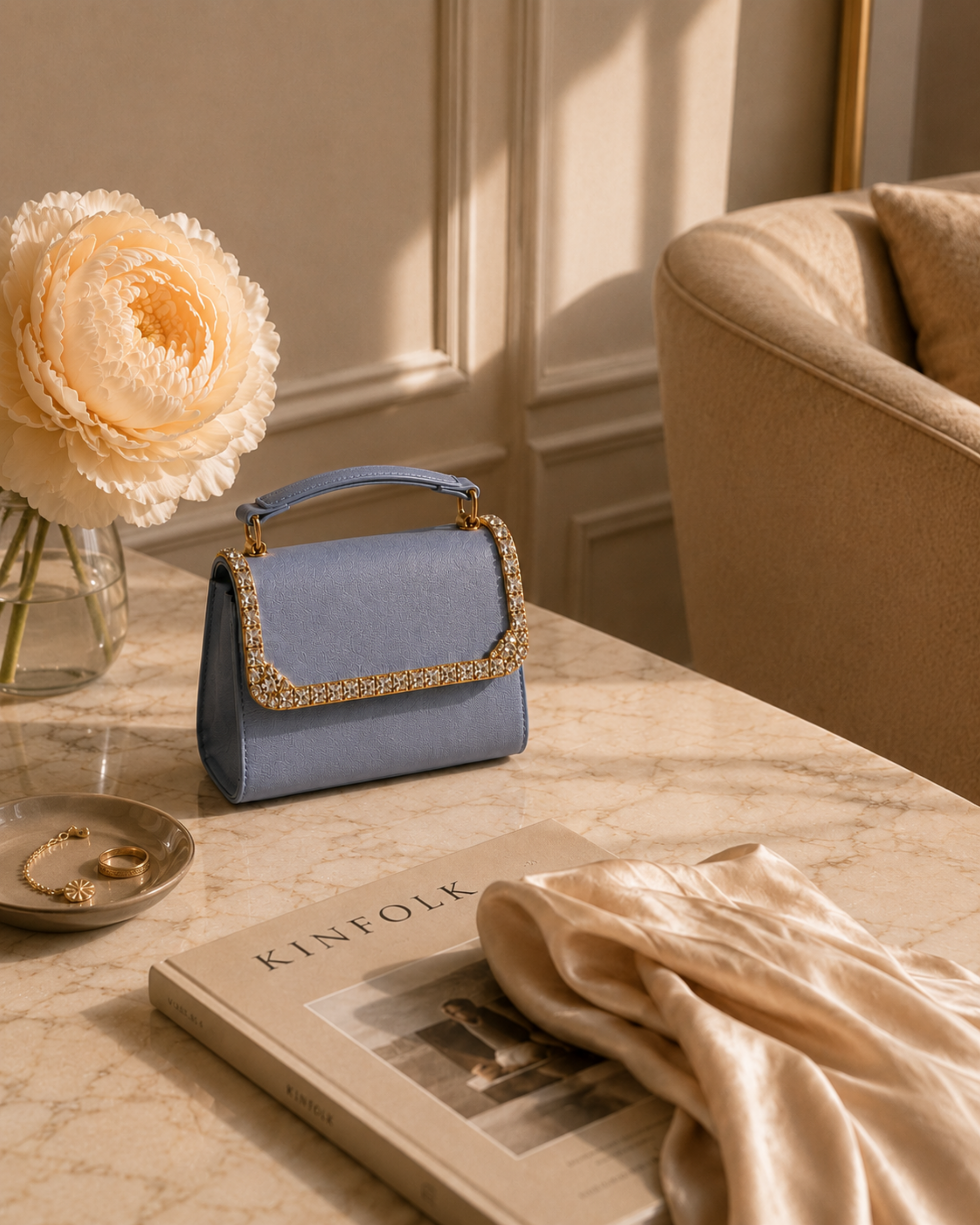Something Blue crystal-embellished mini top-handle bag by House of Shine styled on marble table with blush peony, Kinfolk book, silk fabric and gold jewelry tray, gold-polished hardware, saffiano exterior, Bijou Edit.