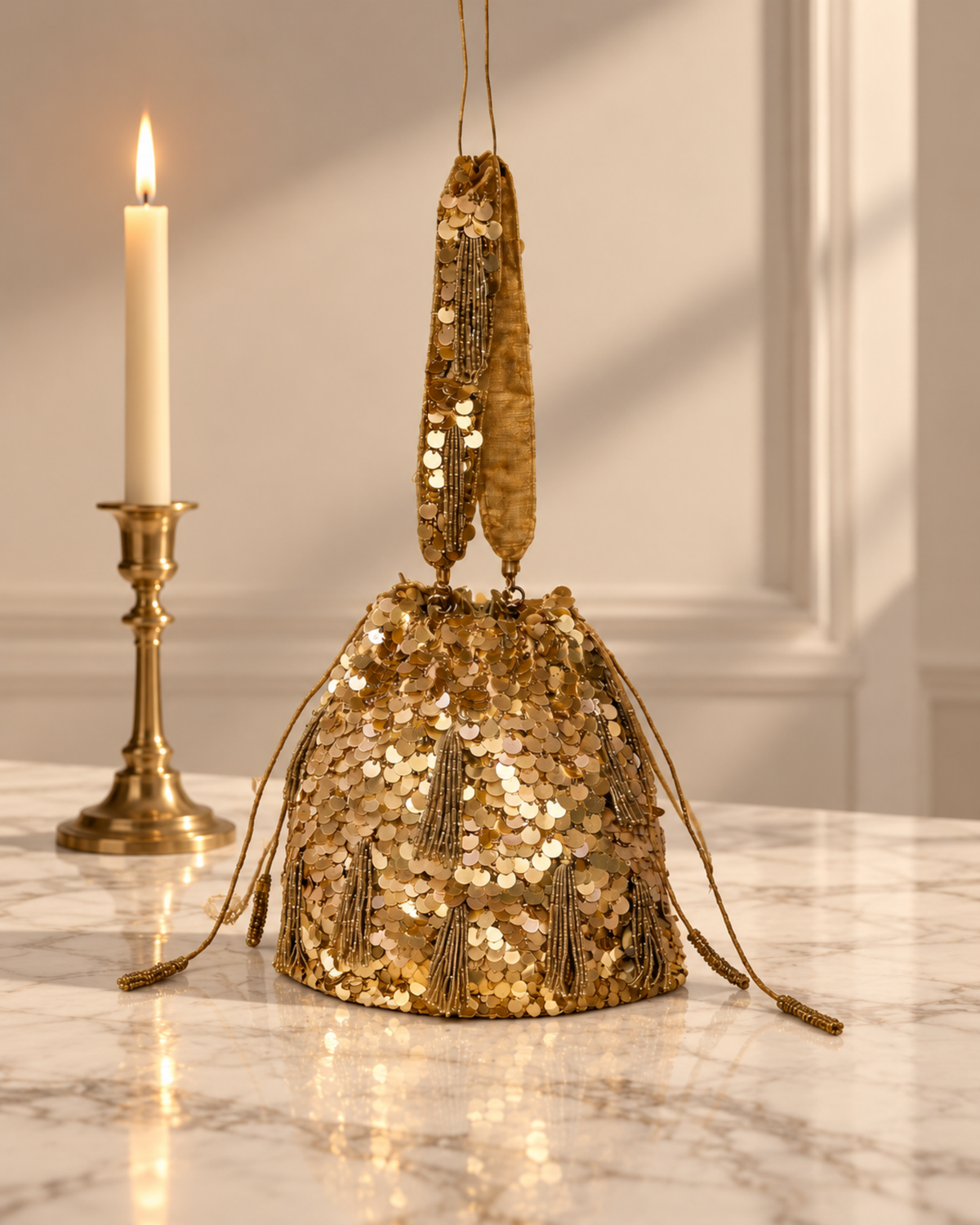 Gold Twilight Dust sequin potli with an embellished handle and beaded tassels displayed beside a candle