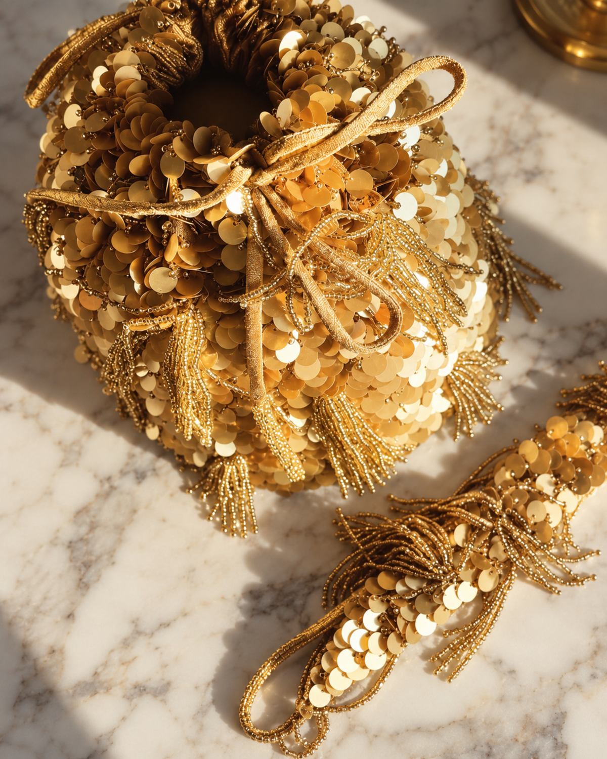 Top view of the gold Twilight Dust potli showing its open drawstring, sequins and beaded tassels.