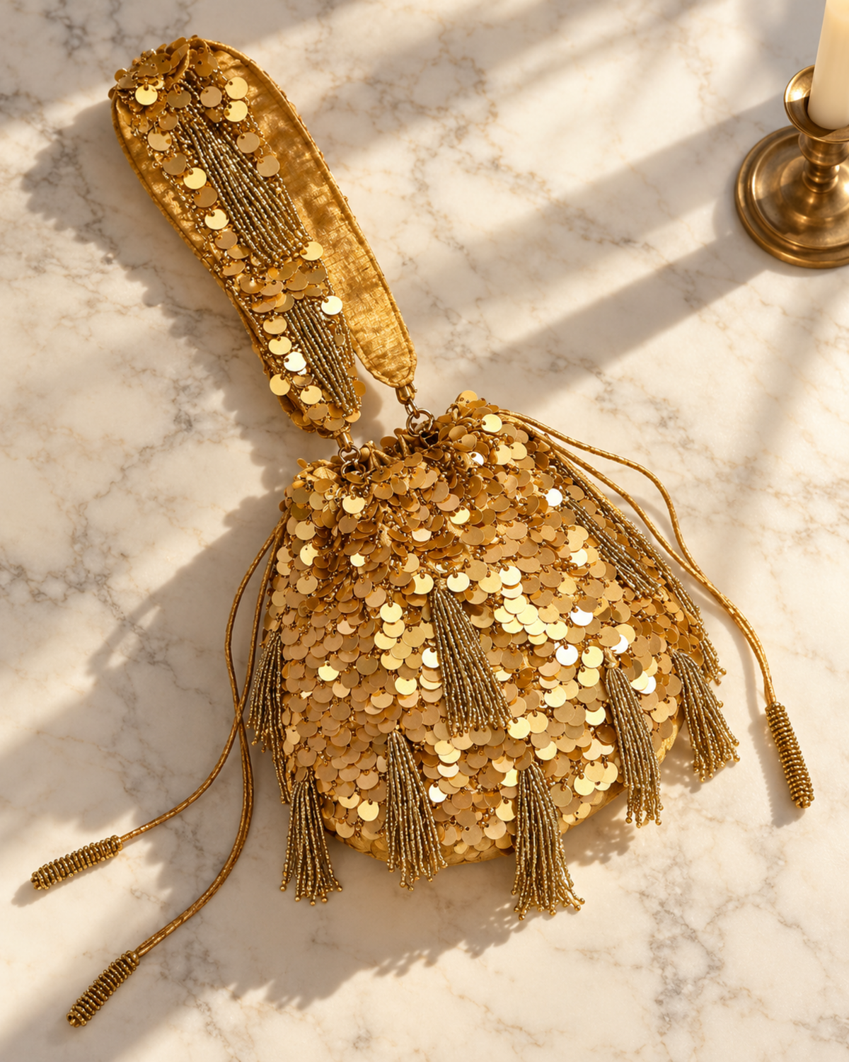 Gold Twilight Dust potli laid on marble, showing its sequin embroidery, beaded tassels and embellished handle.