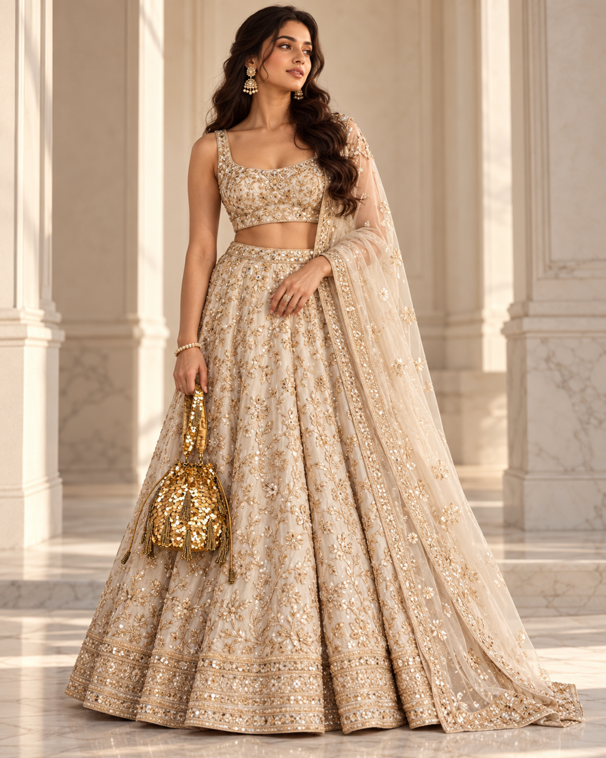 Gold Twilight Dust potli styled with an ivory and gold embroidered lehenga in a palace setting.
