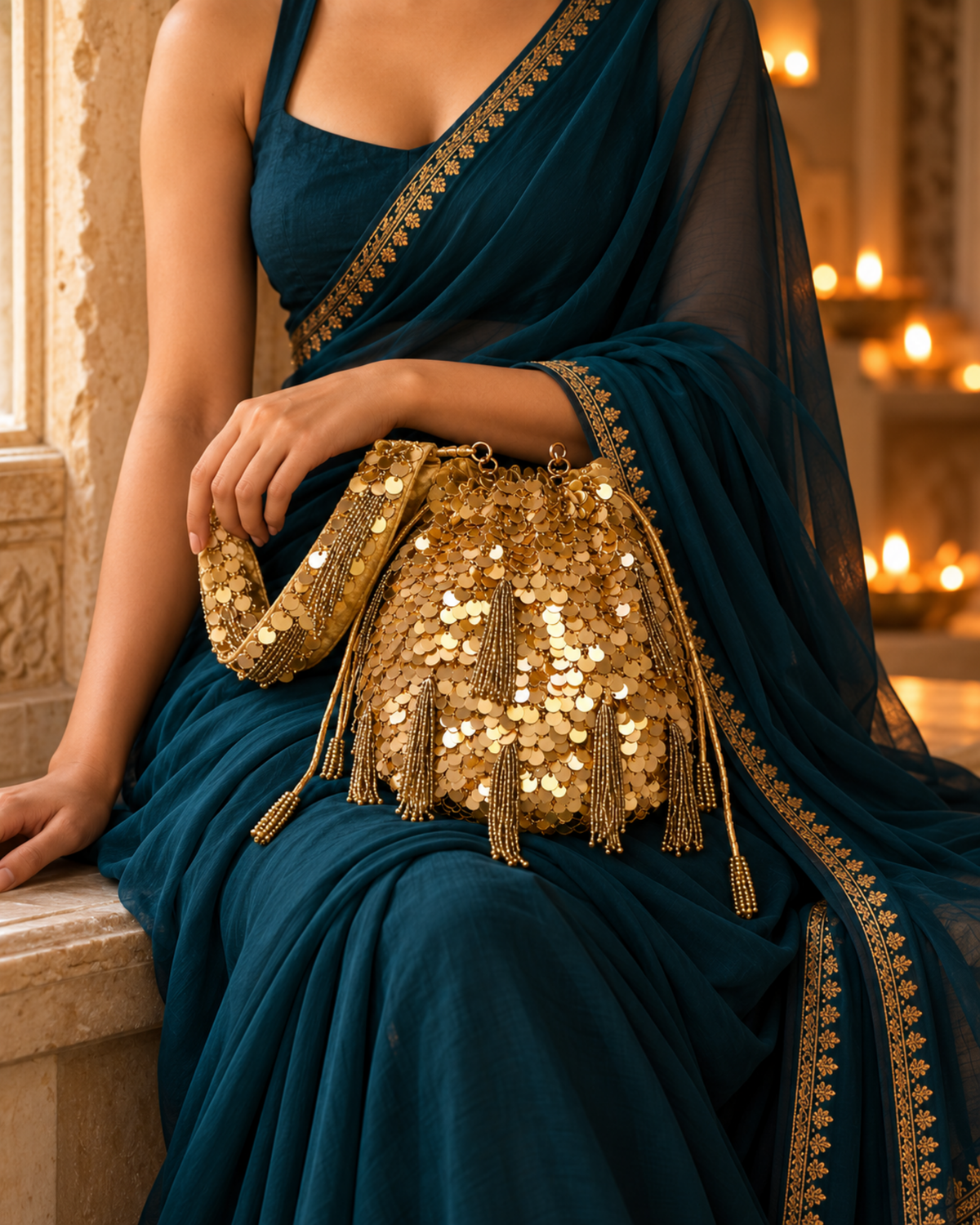 Gold Twilight Dust potli with beaded tassels resting on the lap of a model wearing a teal saree.