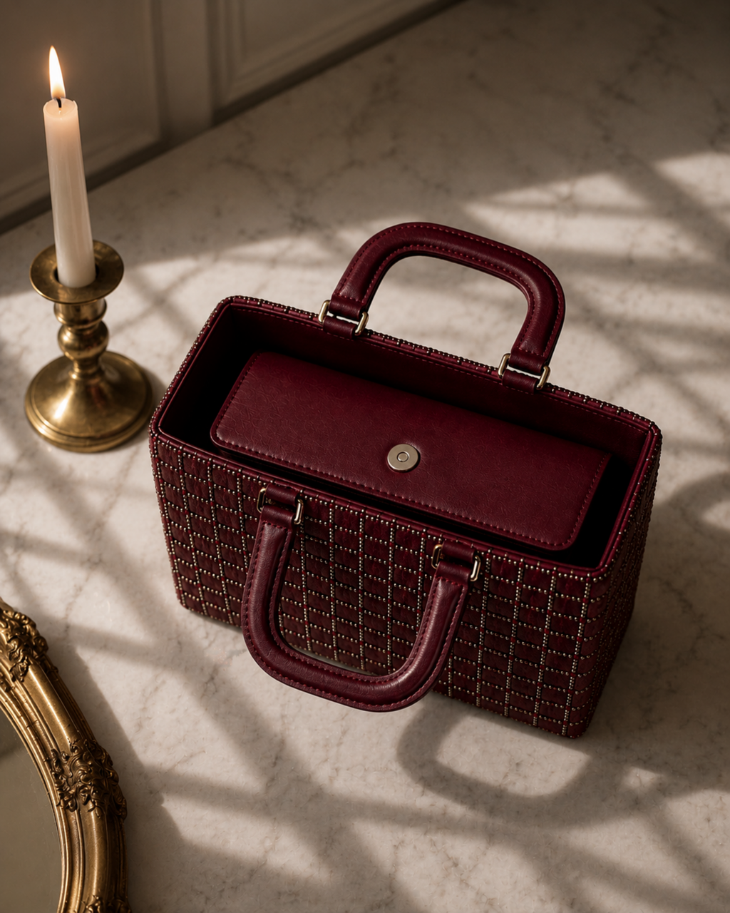  Interior view of Valentina Mini Tote showing burgundy lining and magnetic snap closure, Noir Atelier by The House of Shine